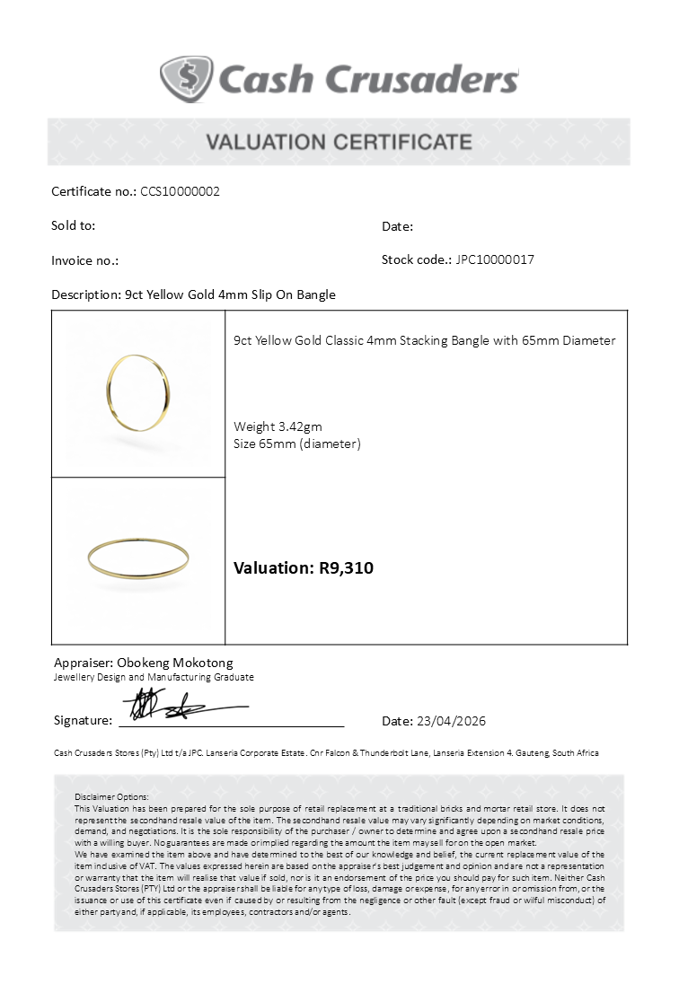 9ct Yellow Gold 4mm Slip on Bangle