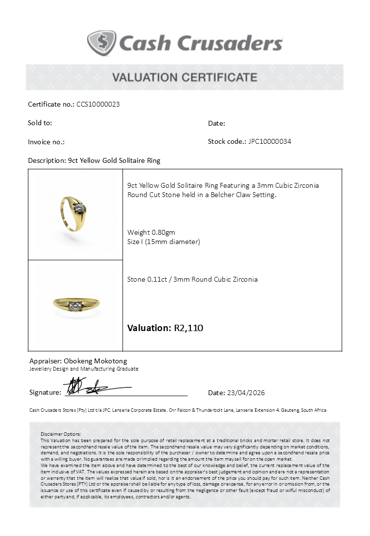 9ct Yellow Gold Solitaire Ring