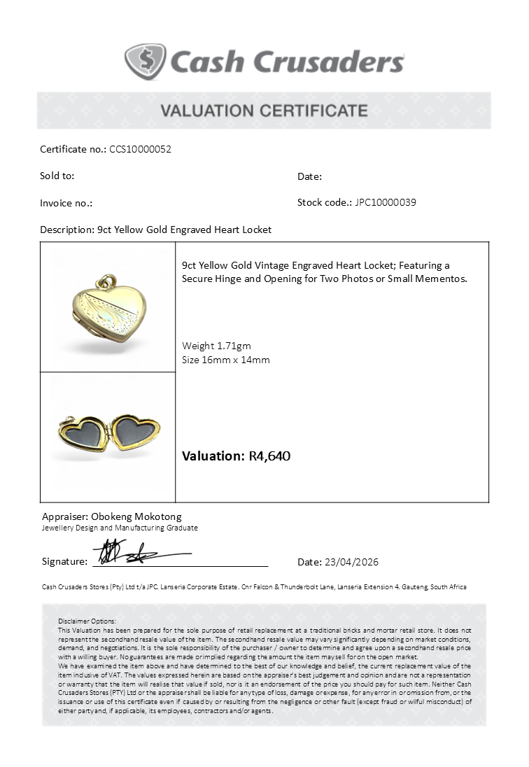 9ct Yellow Gold Engraved Heart Locket