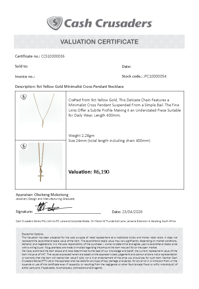 9ct Yellow Gold Minimalist Cross Pendant Necklace