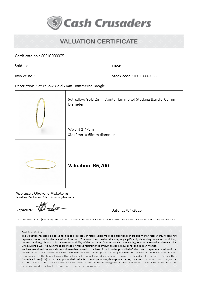 9ct Yellow Gold 2mm Hammered Bangle