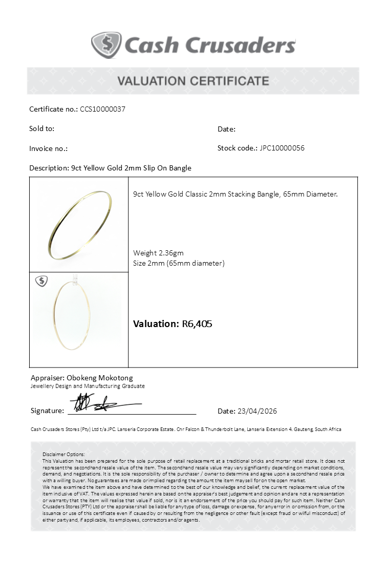 9ct Yellow Gold 2mm Slip On Bangle