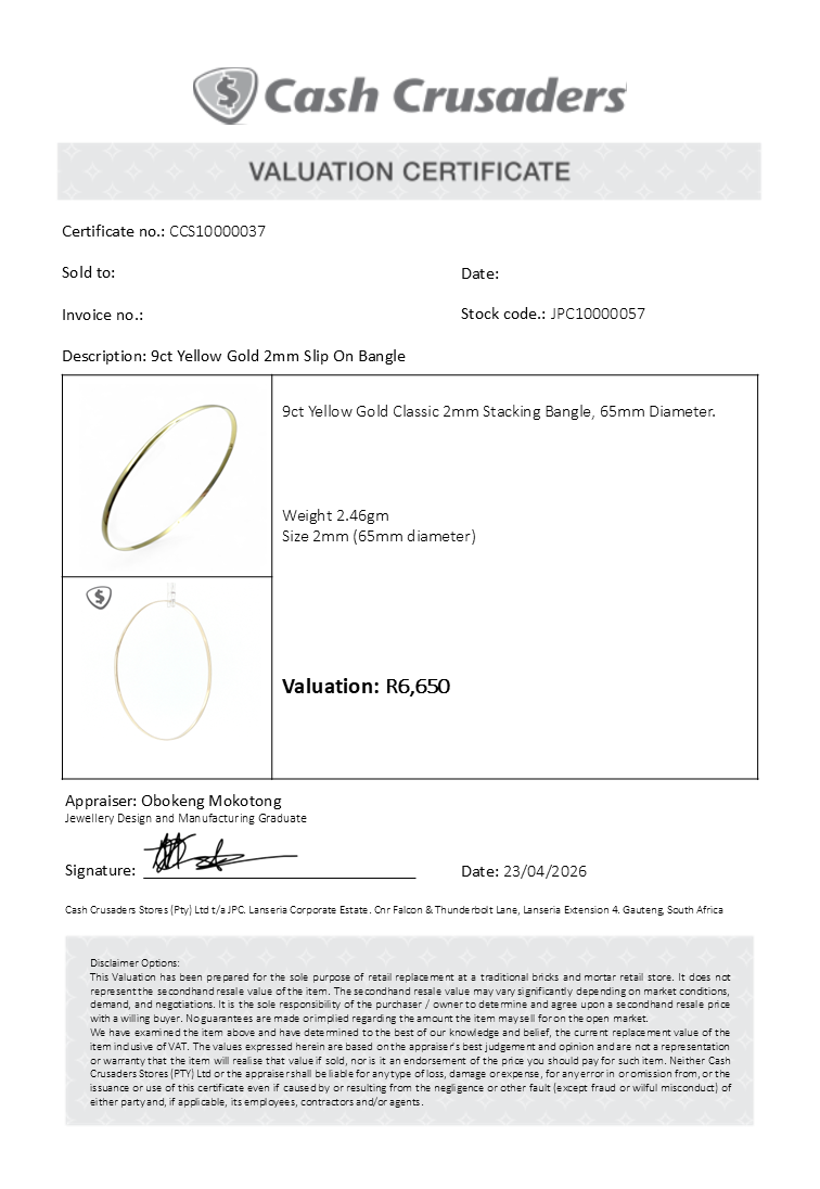 9ct Yellow Gold 2mm Slip On Bangle