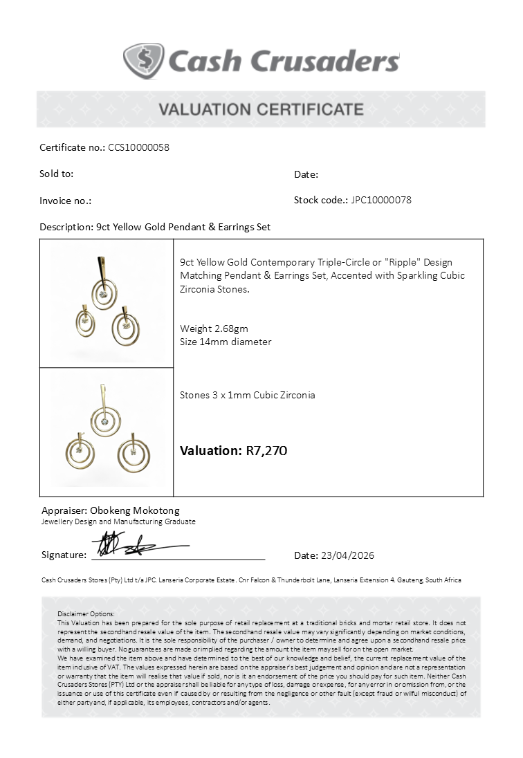 9ct Yellow Gold Matching Pendant and Earrings Set