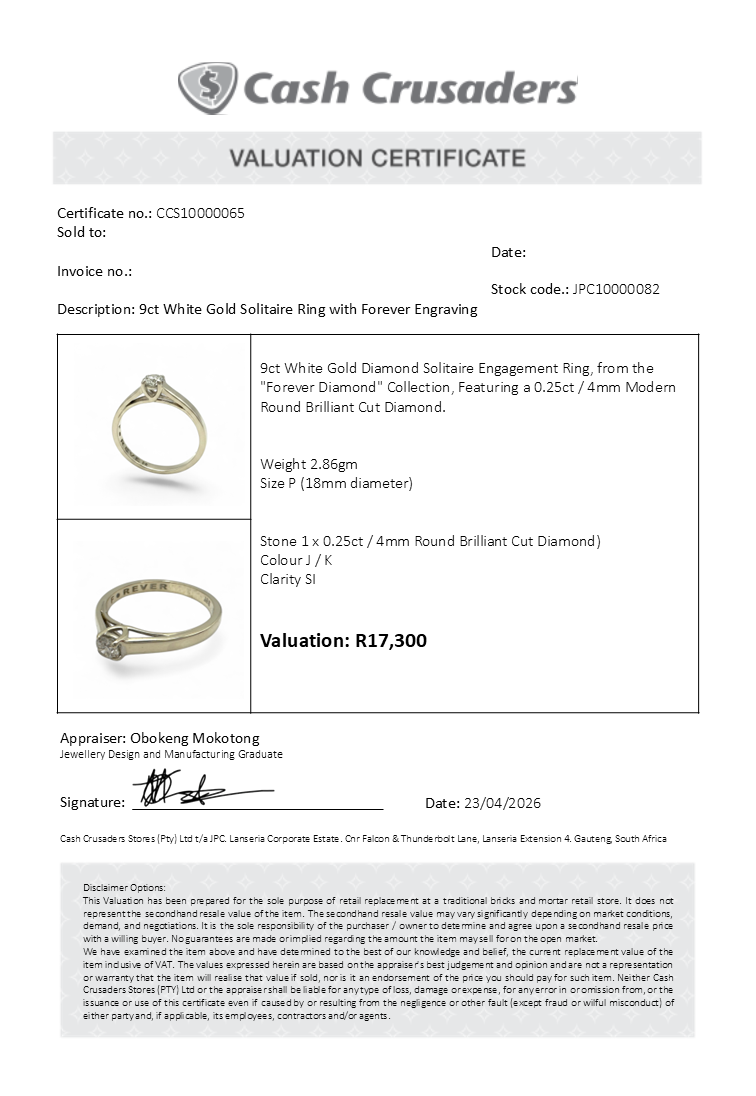 9ct White Gold Solitaire Ring with Forever Engraving
