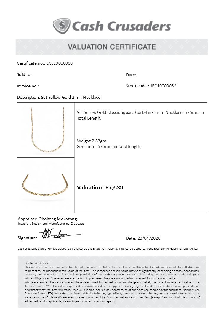 9ct Yellow Gold 2mm Necklace