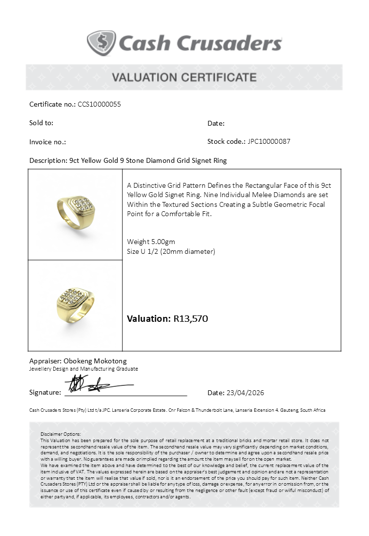 9ct Yellow Gold 9 Stone Diamond Grid Signet Ring