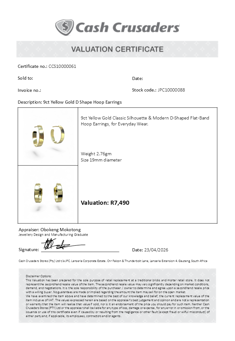 9ct Yellow Gold D Shape Hoop Earrings