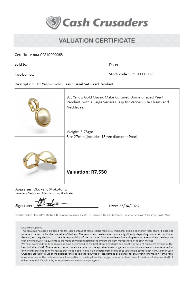Classic 9ct Yellow Gold Bezel-Set Pearl Pendant