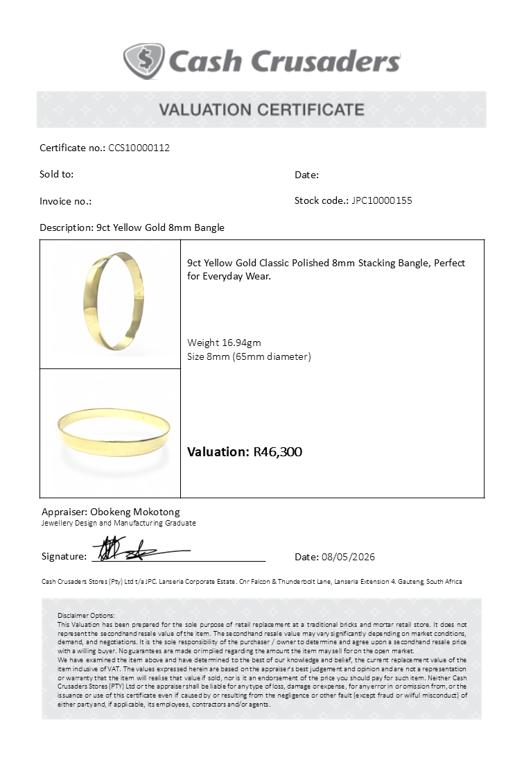 9ct Yellow Gold 8mm Solid Bangle