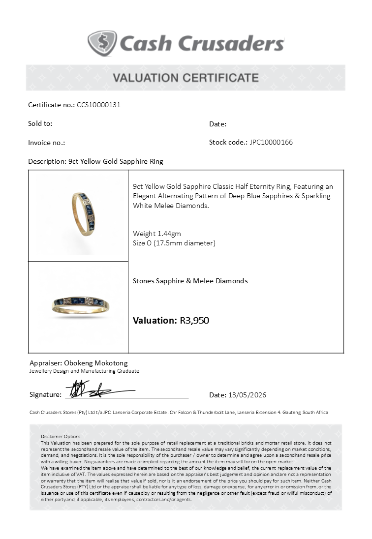 9ct Yellow Gold Eternity Sapphire Ring