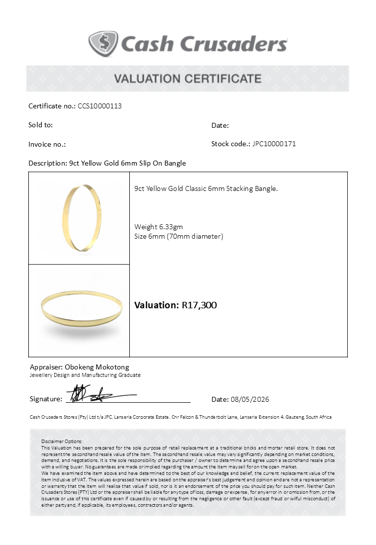 9ct Yellow Gold 6mm Slip On Bangle