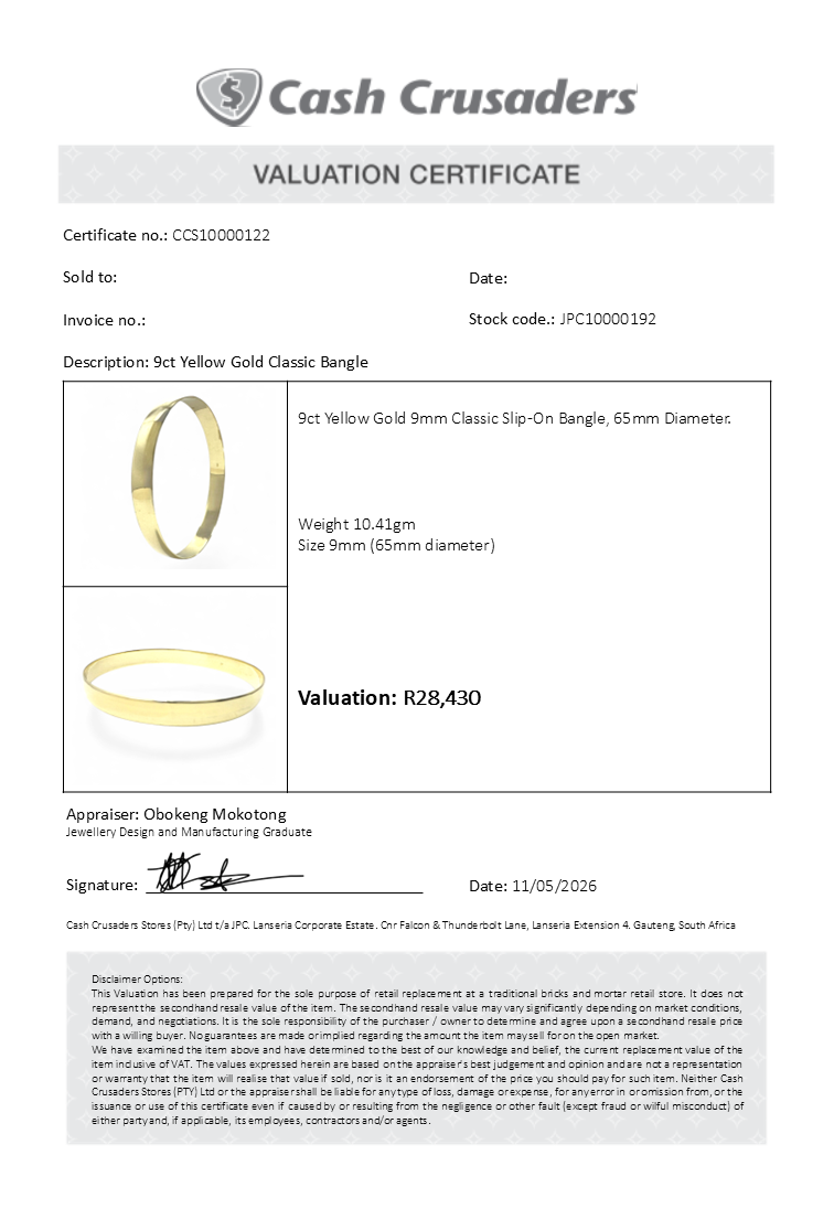 9ct Yellow Gold 9mm Slip On Bangle