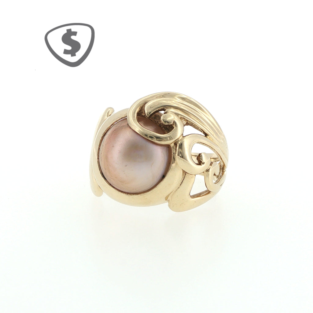 Pearl Cocktail Ring in 9ct Yellow Gold with Swirl Design