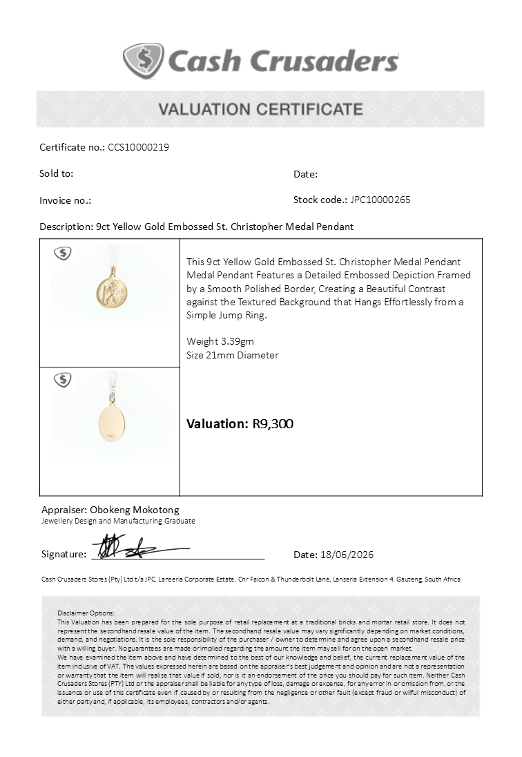 9ct Yellow Gold Embossed St Christopher Medal Pendant
