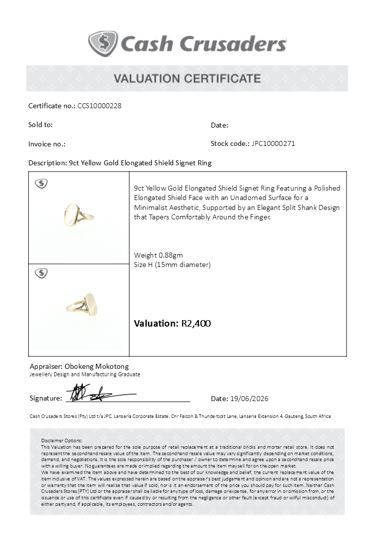 9ct Yellow Gold Elongated Shield Signet Ring