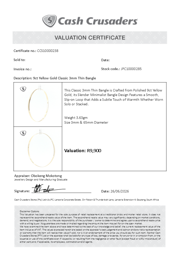 9ct Yellow Gold Classic 3mm Thin Bangle