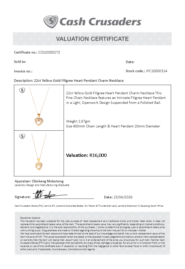 22ct Yellow Gold Filigree Heart Pendant Charm Necklace