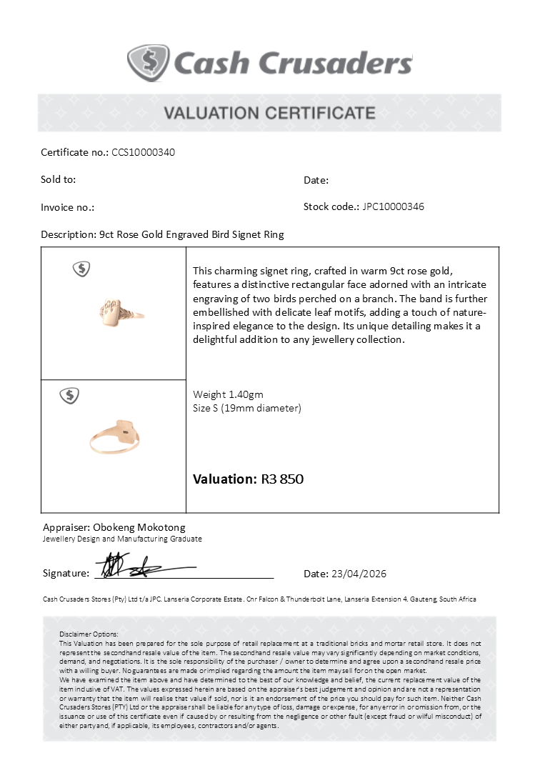 9ct Rose Gold Engraved Bird Signet Ring