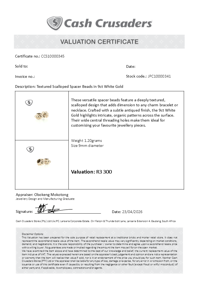 Textured Scalloped Spacer Beads Pair in 9ct White Gold (like Pandora)