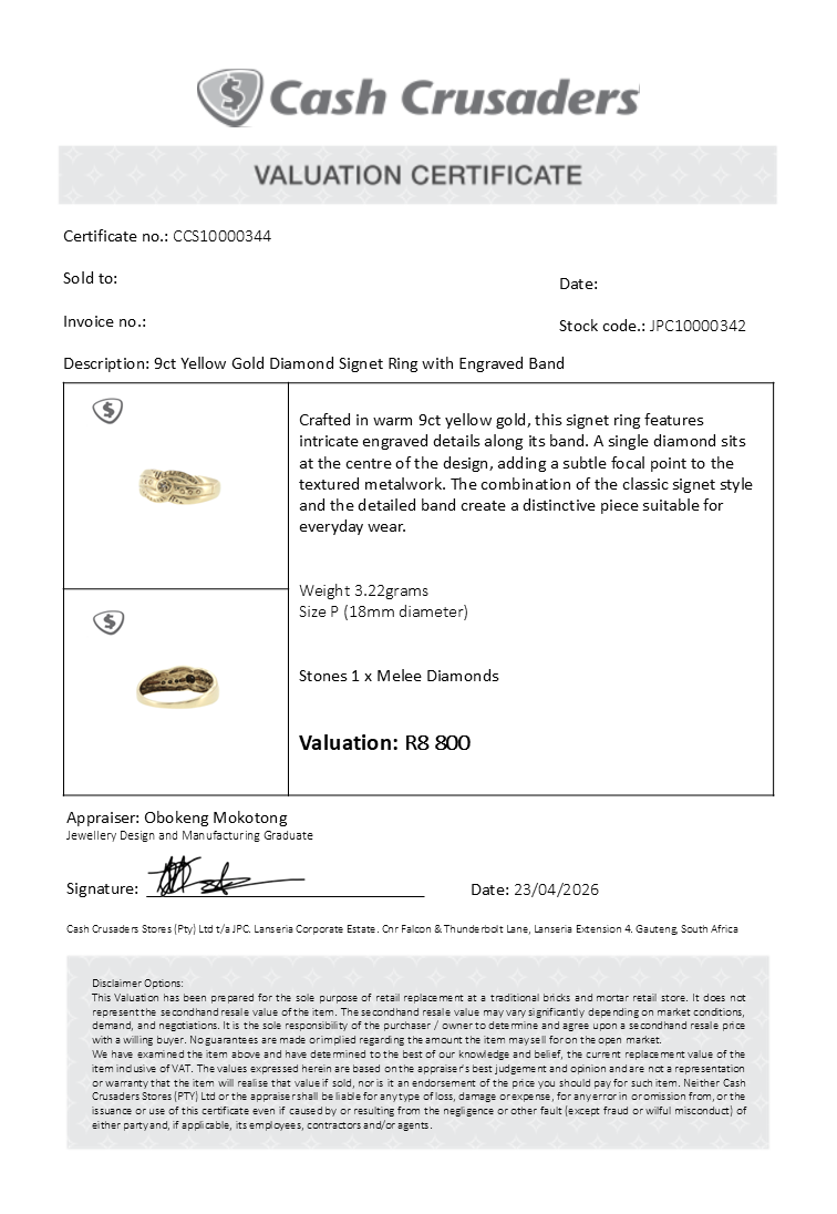 9ct Yellow Gold Diamond Signet Ring with Engraved Band