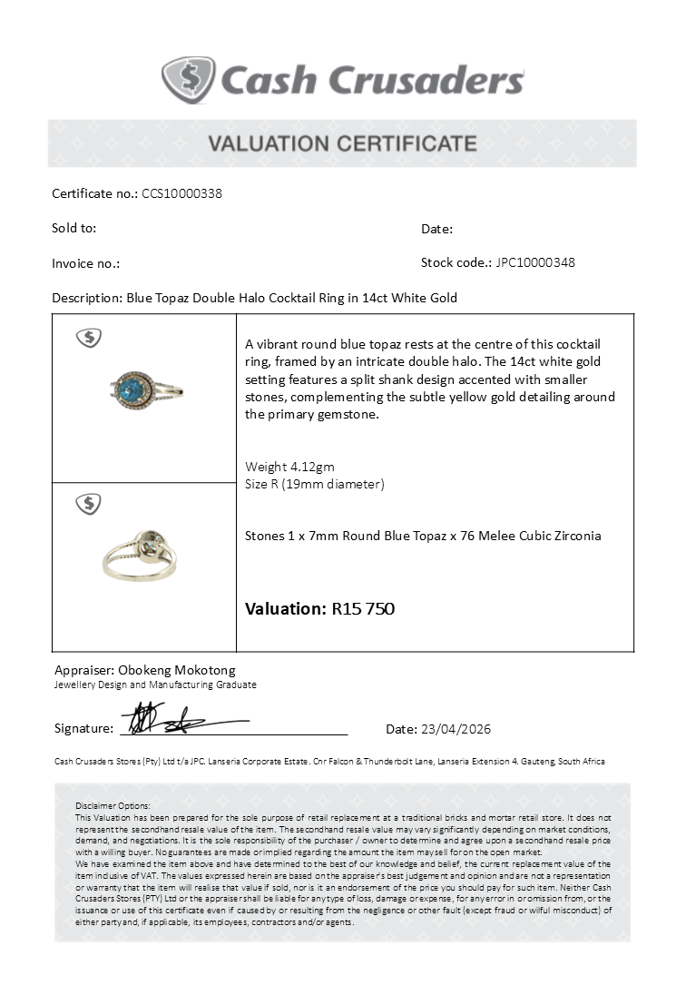 Blue Topaz Double Halo Cocktail Ring in 14ct White Gold