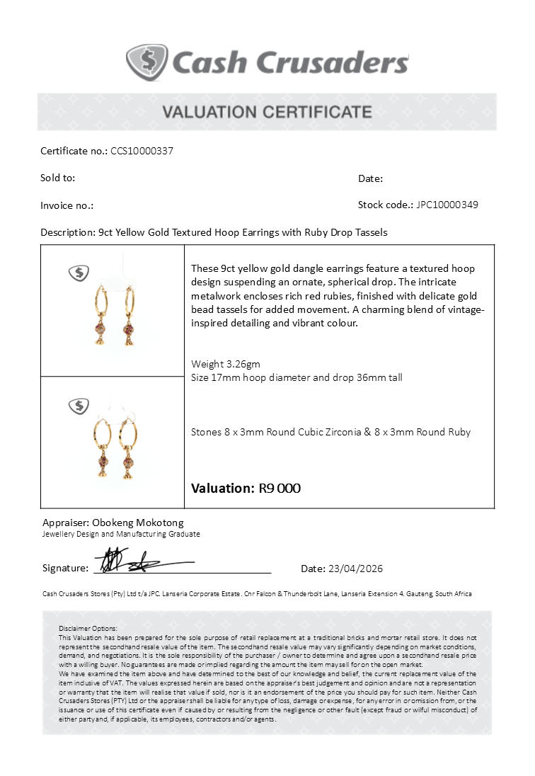 9ct Yellow Gold Textured Hoop Earrings with Ruby Drop Tassels