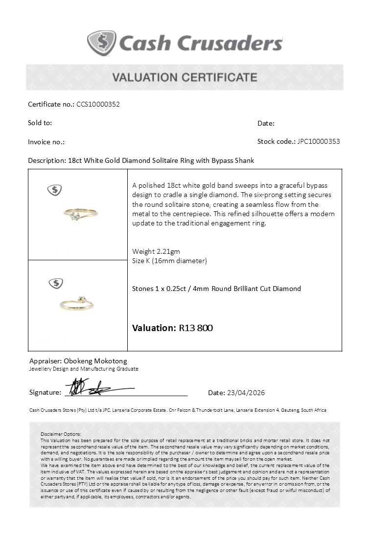 18ct White Gold Diamond Solitaire Ring with Bypass Shank