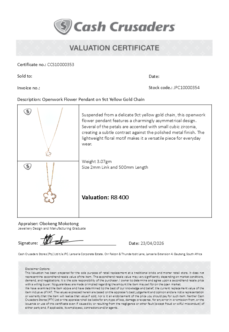 Openwork Flower Pendant on 9ct Yellow Gold Chain