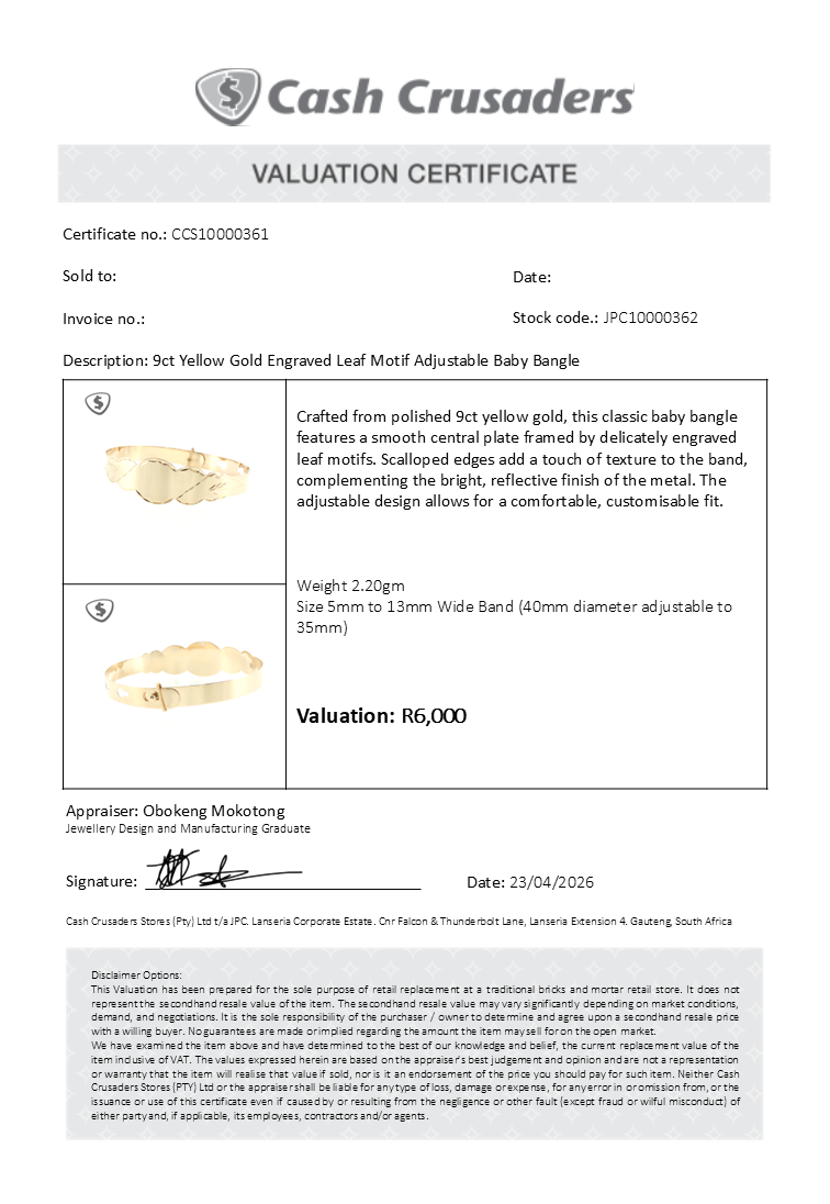 9ct Yellow Gold Engraved Leaf Motif Adjustable Baby Bangle