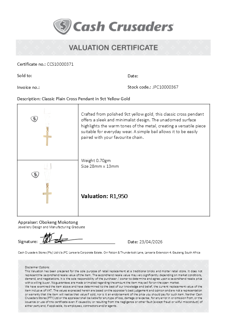 Classic Plain Cross Pendant in 9ct Yellow Gold