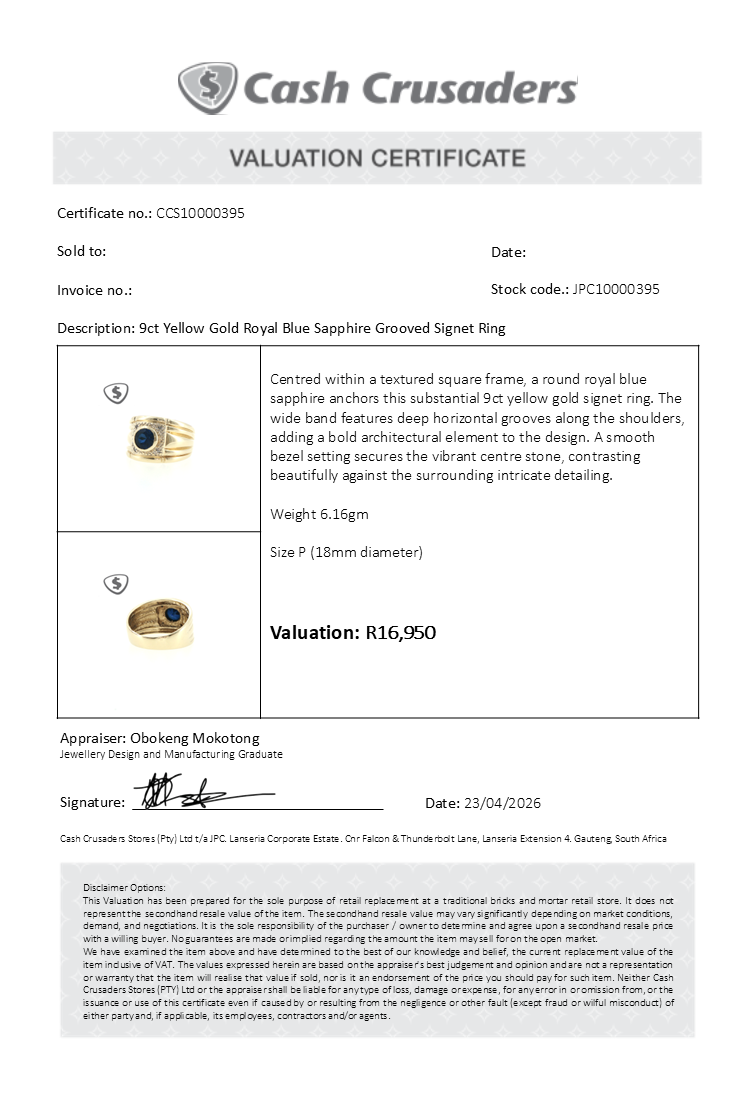 9ct Yellow Gold Royal Blue Sapphire Grooved Signet Ring