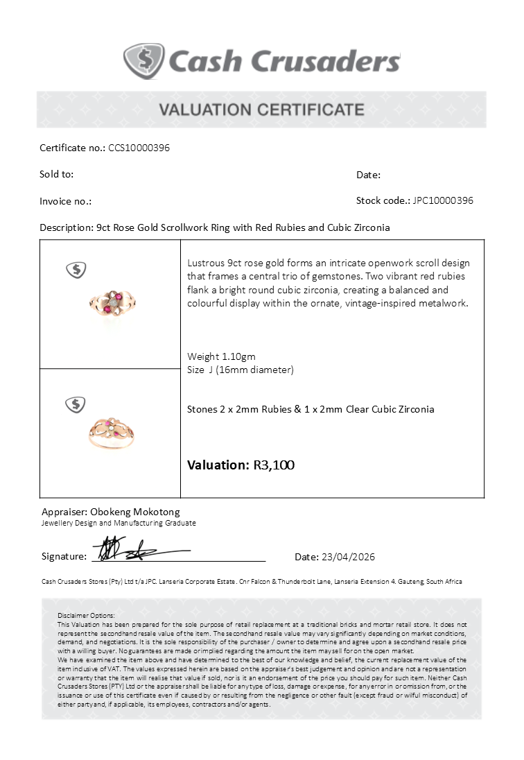 9ct Rose Gold Scrollwork Ring with Red Rubies and Cubic Zirconia