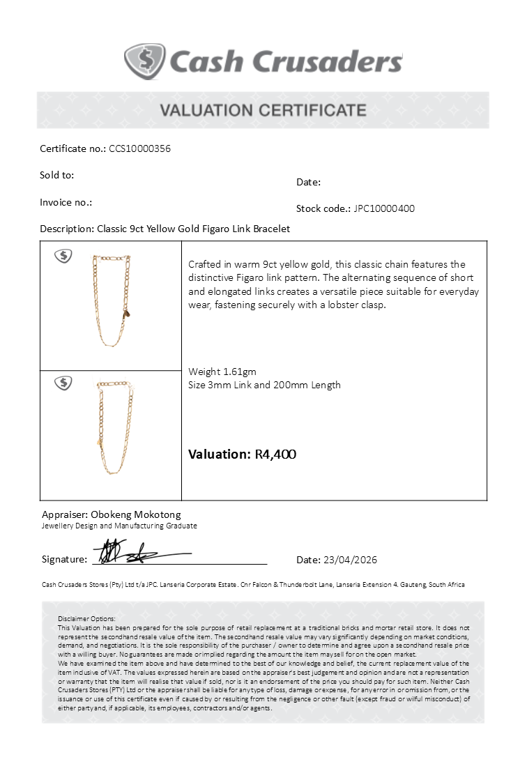 Classic 9ct Yellow Gold Figaro Link Bracelet