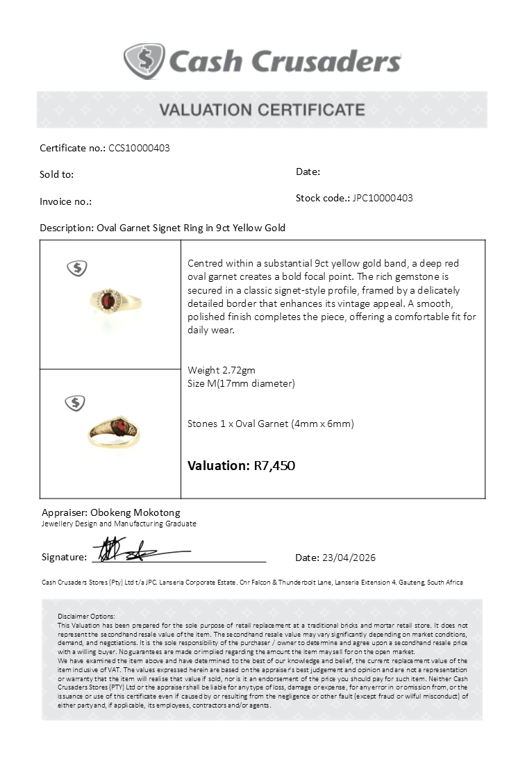 Oval Garnet Signet Ring in 9ct Yellow Gold