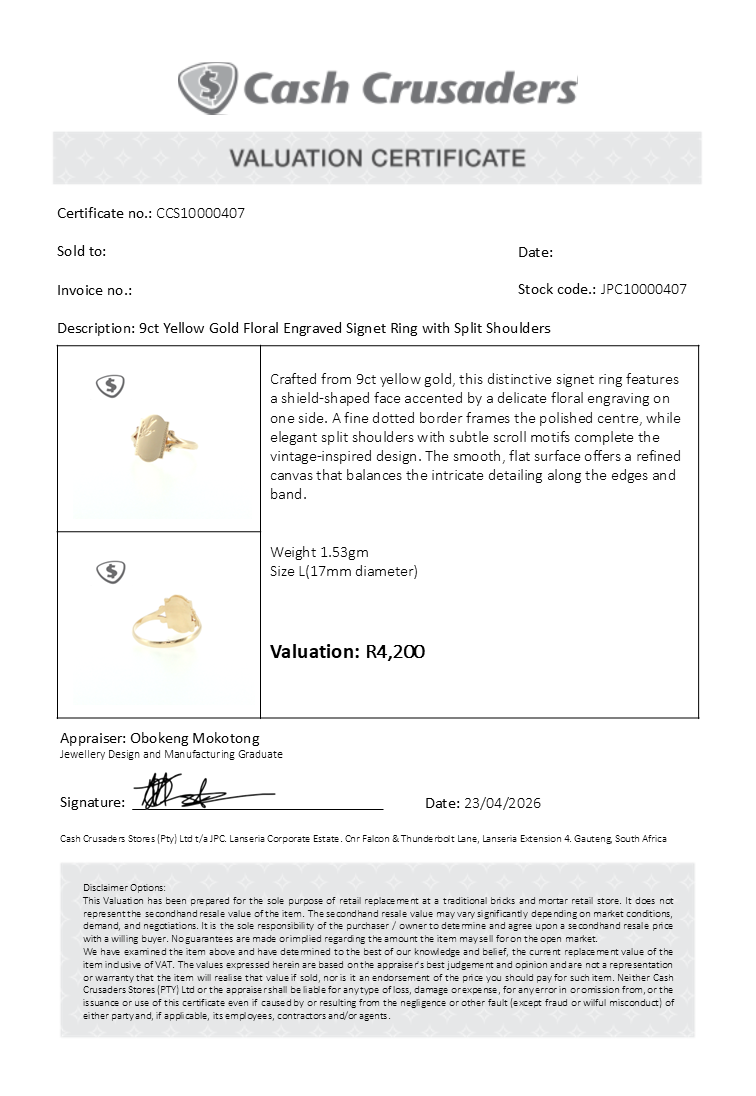 9ct Yellow Gold Floral Engraved Signet Ring with Split Shoulders