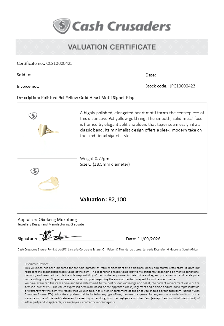 Polished 9ct Yellow Gold Heart Motif Signet Ring