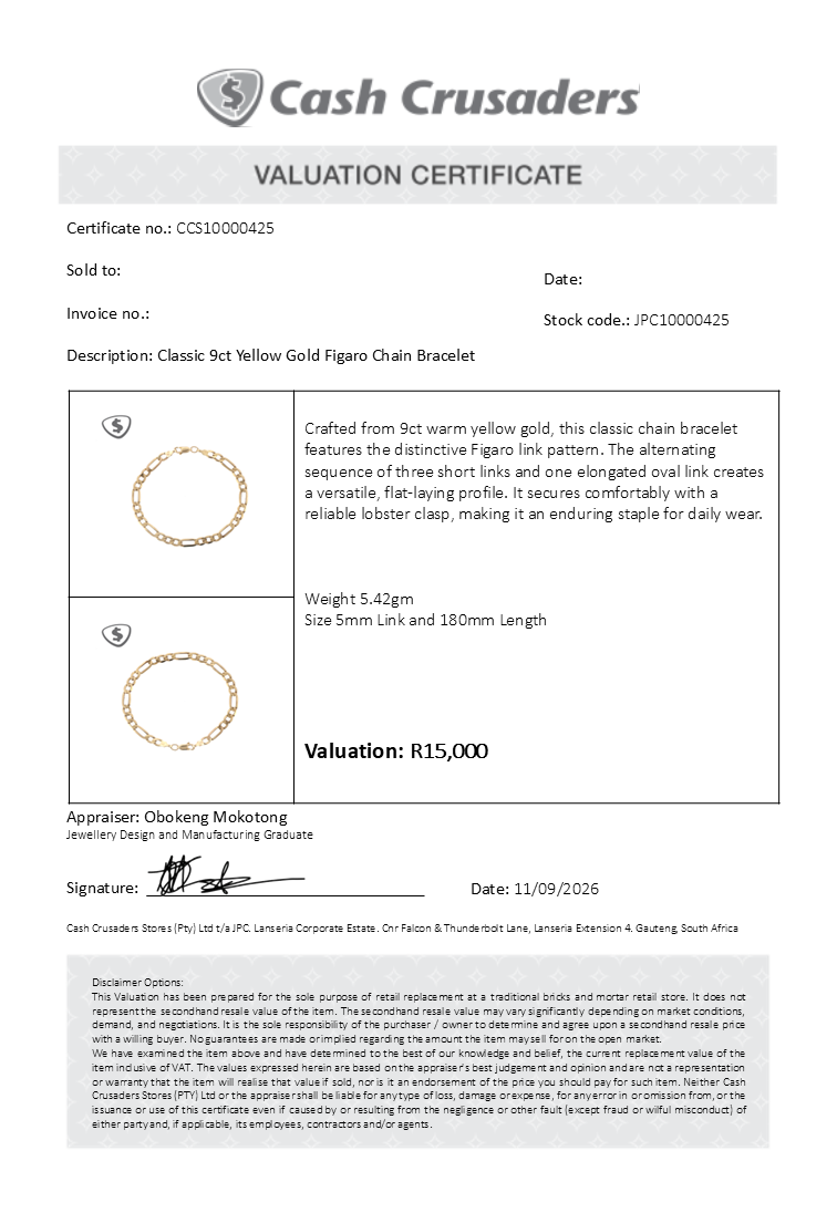 Classic 9ct Yellow Gold Figaro Chain Bracelet