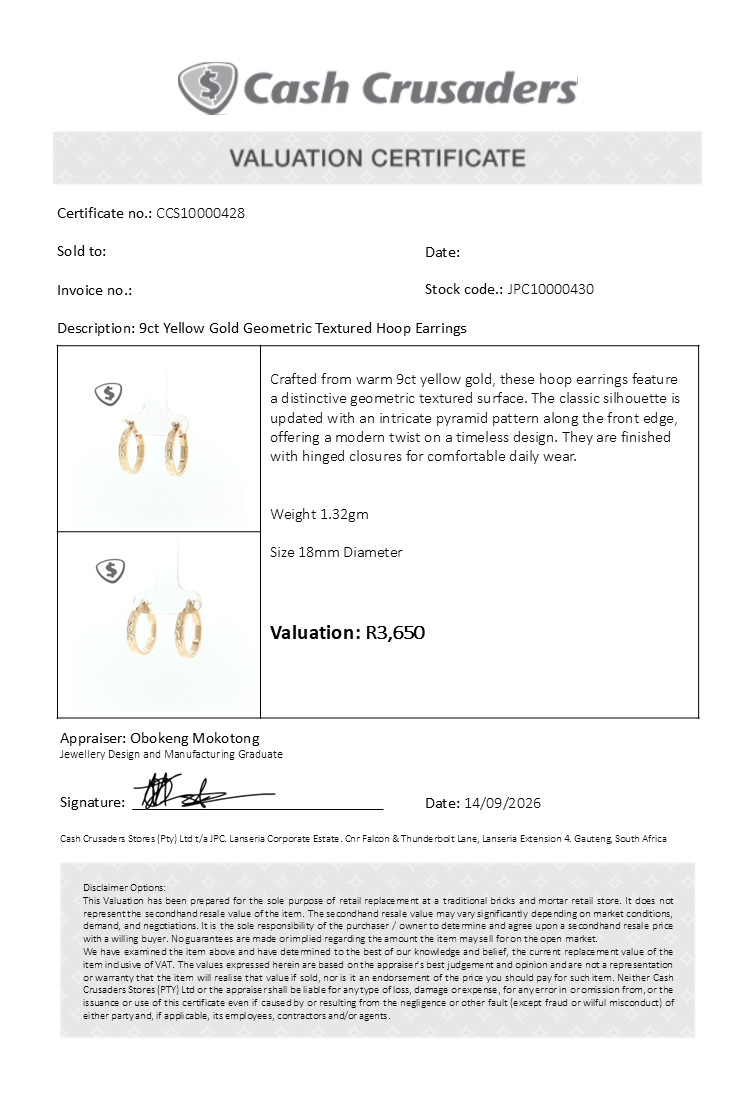 9ct Yellow Gold Geometric Textured Hoop Earrings