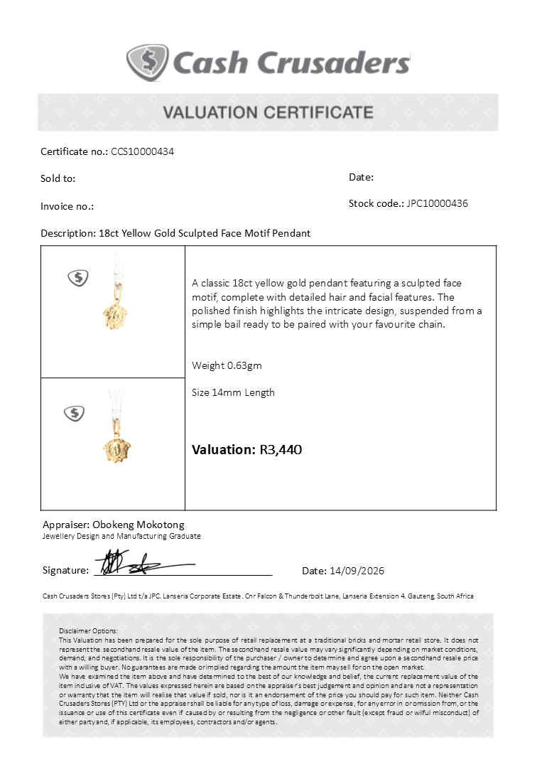 18ct Yellow Gold Sculpted Face Motif Pendant