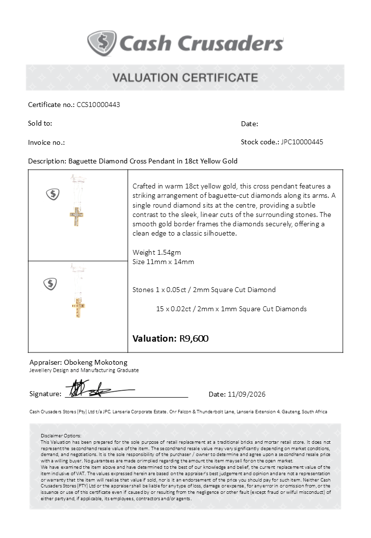 Baguette Diamond Cross Pendant in 18ct Yellow Gold