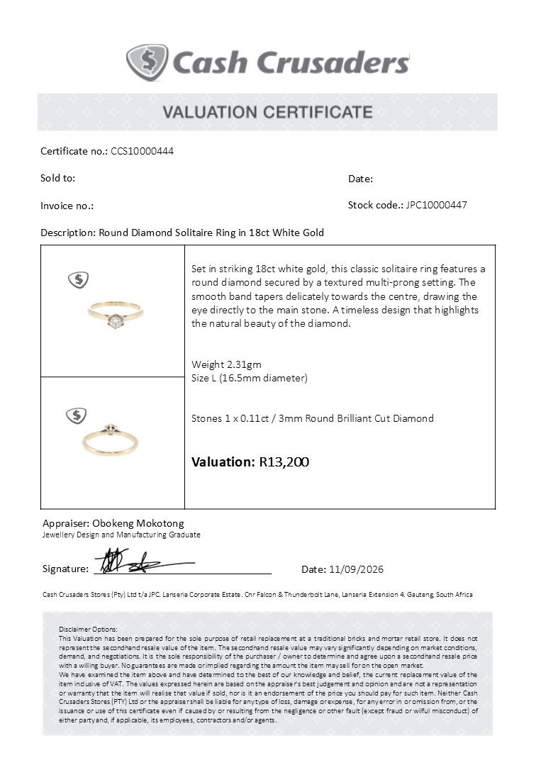 Round Diamond Solitaire Ring in 18ct White Gold