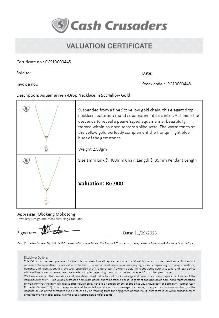 Aquamarine Y-Drop Necklace in 9ct Yellow Gold