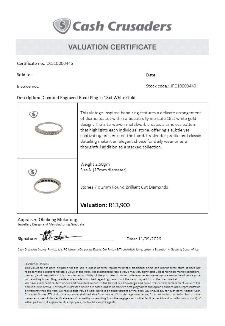 Diamond Engraved Band Ring in 18ct White Gold