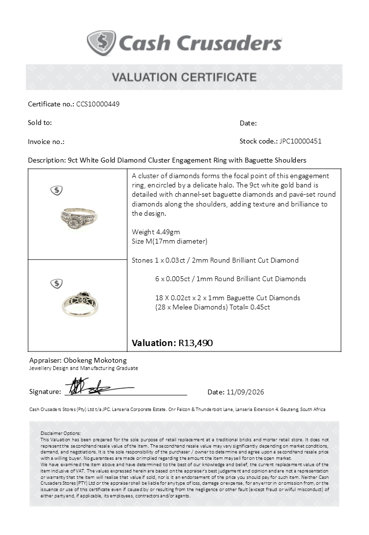 9ct White Gold Diamond Cluster Engagement Ring with Baguette Shoulders