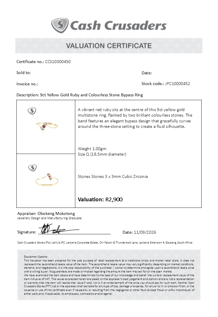 9ct Yellow Gold Ruby and Colourless Stone Bypass Ring