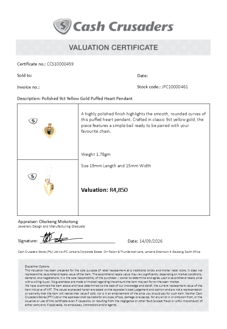 Polished 9ct Yellow Gold Puffed Heart Pendant
