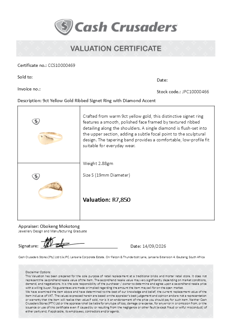 9ct Yellow Gold Ribbed Signet Ring with Diamond Accent