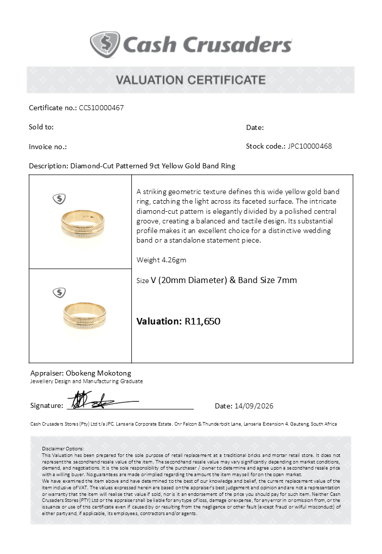 Diamond-Cut Patterned 9ct Yellow Gold Band Ring