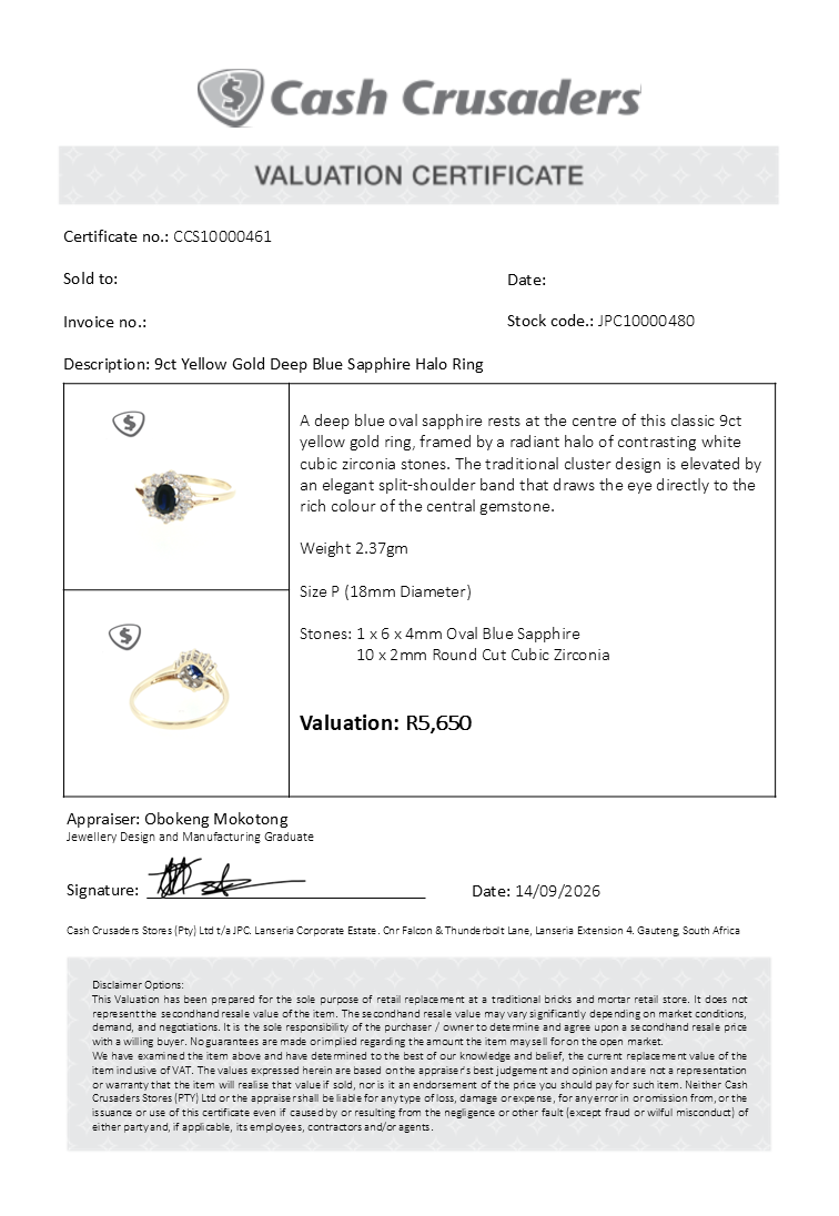 9ct Yellow Gold Deep Blue Sapphire Halo Ring